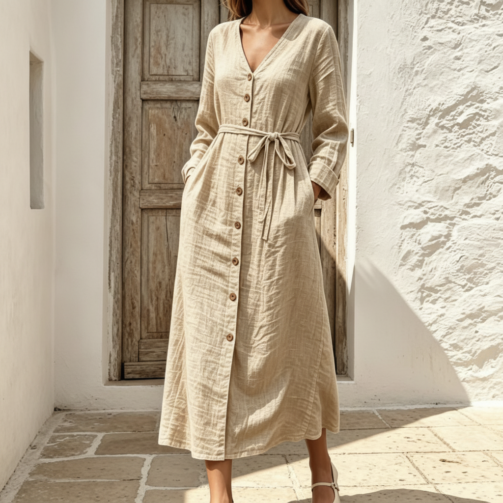Cotton Linen Midi Dress, Tie Waist