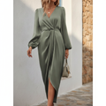 Linen-Look Wrap Midi Dress, Balloon Sleeves