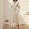 Cotton Linen Midi Dress, Tie Waist