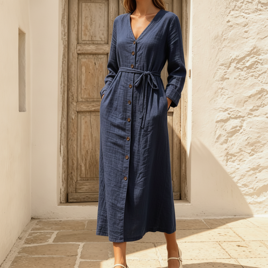 Cotton Linen Midi Dress, Tie Waist