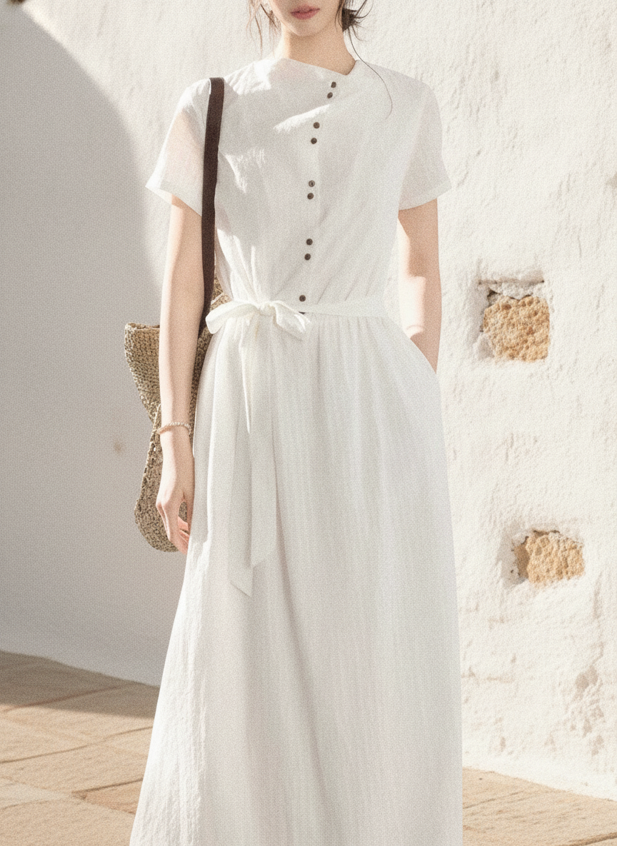Linen-Look Maxi Dress, Button-Front Bodice