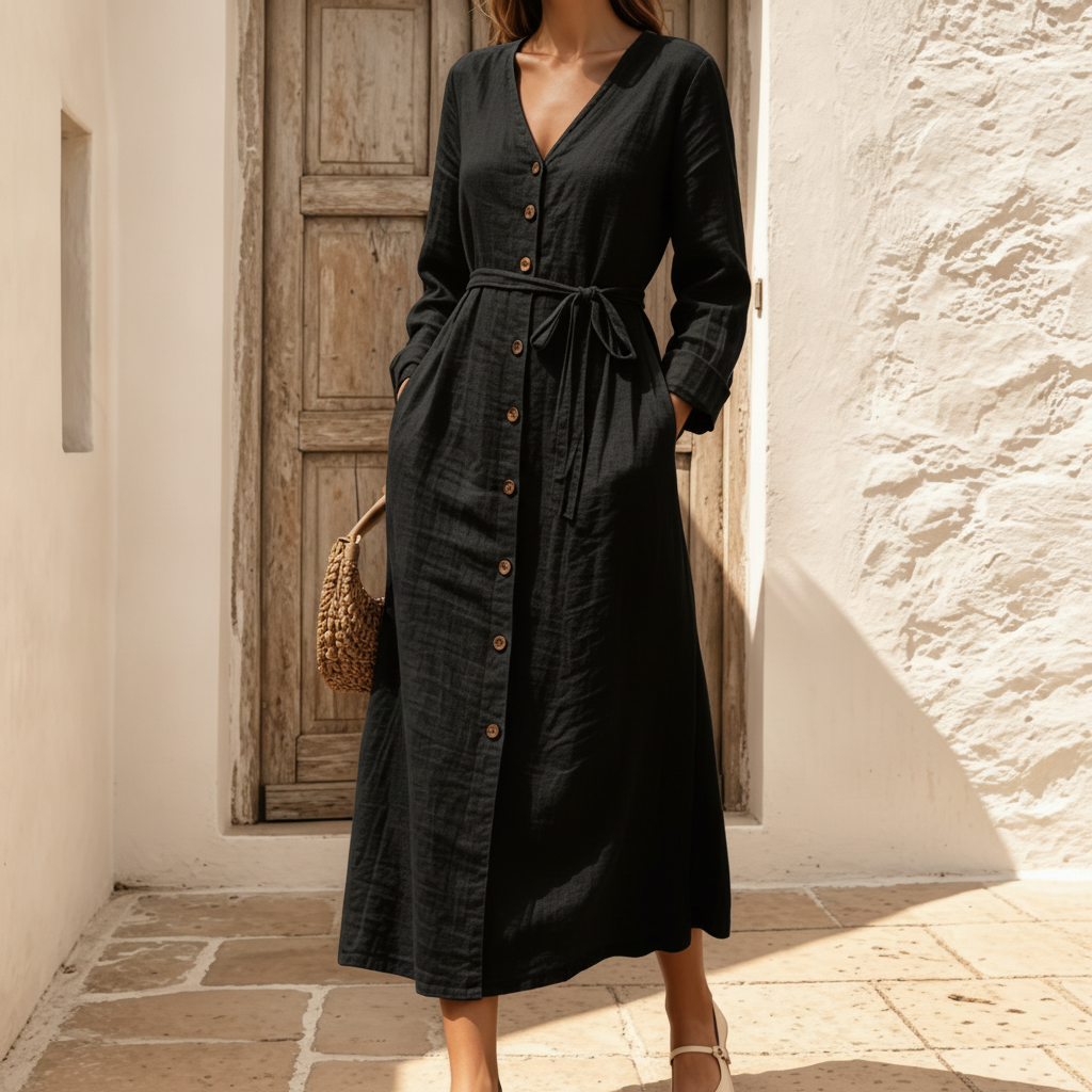 Cotton Linen Midi Dress, Tie Waist