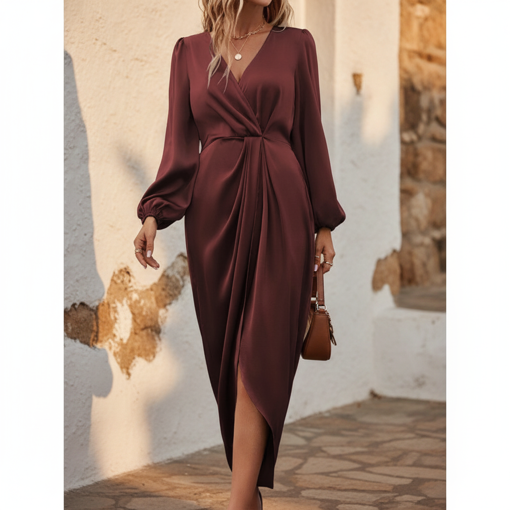 Linen-Look Wrap Midi Dress, Balloon Sleeves