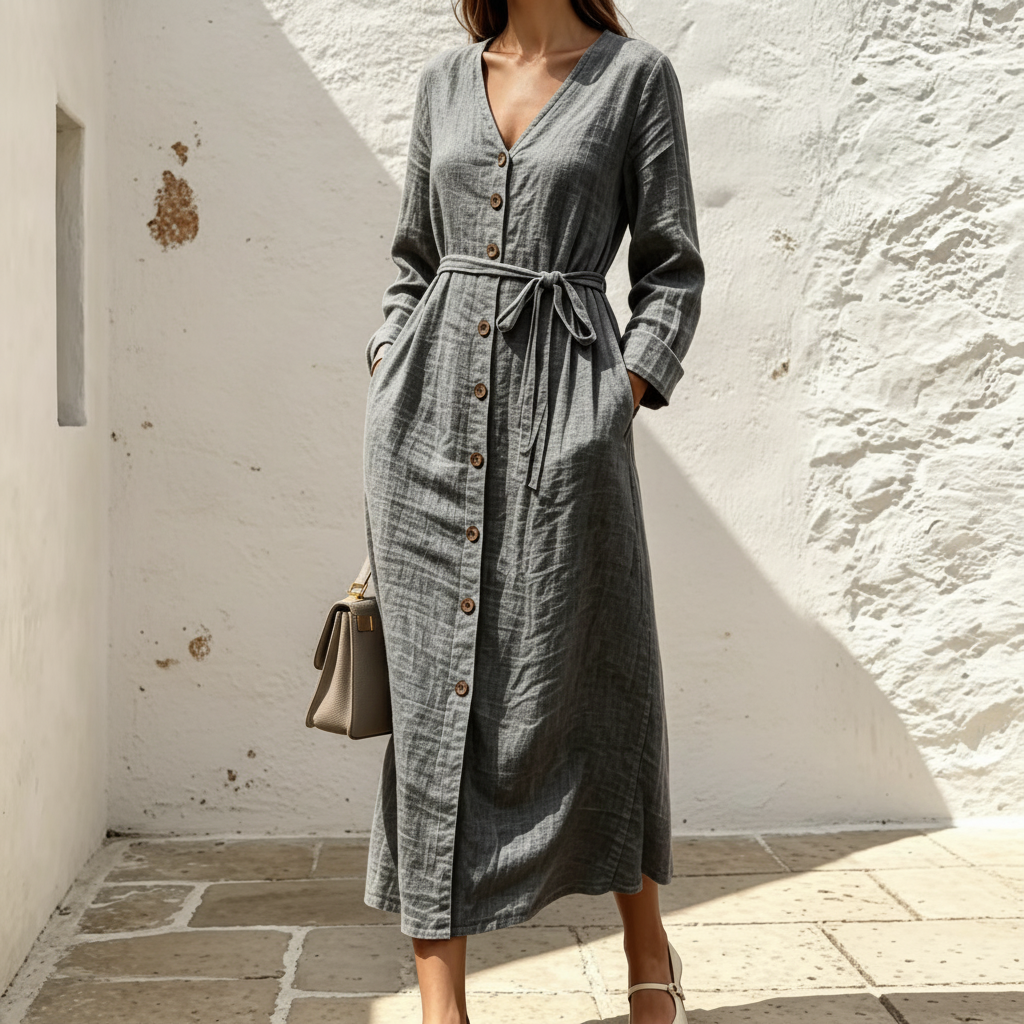 Cotton Linen Midi Dress, Tie Waist