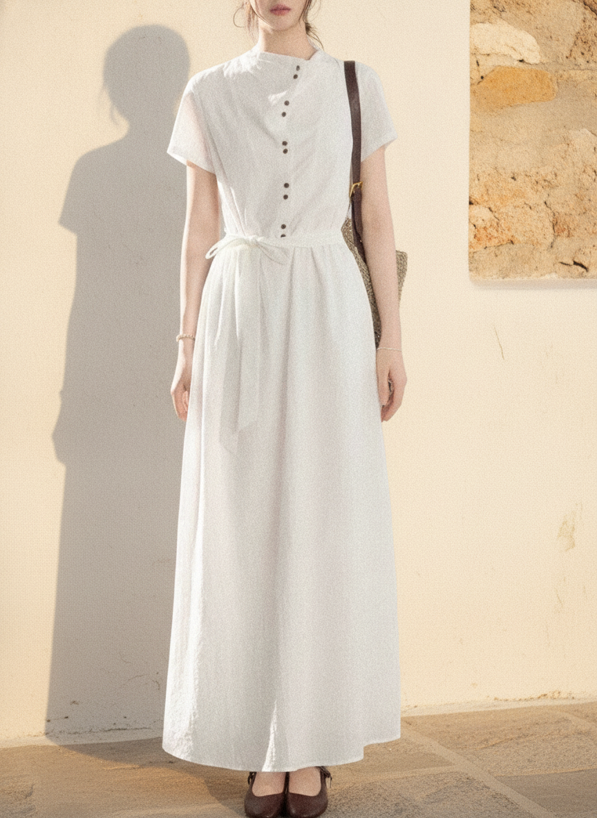 Linen-Look Maxi Dress, Button-Front Bodice