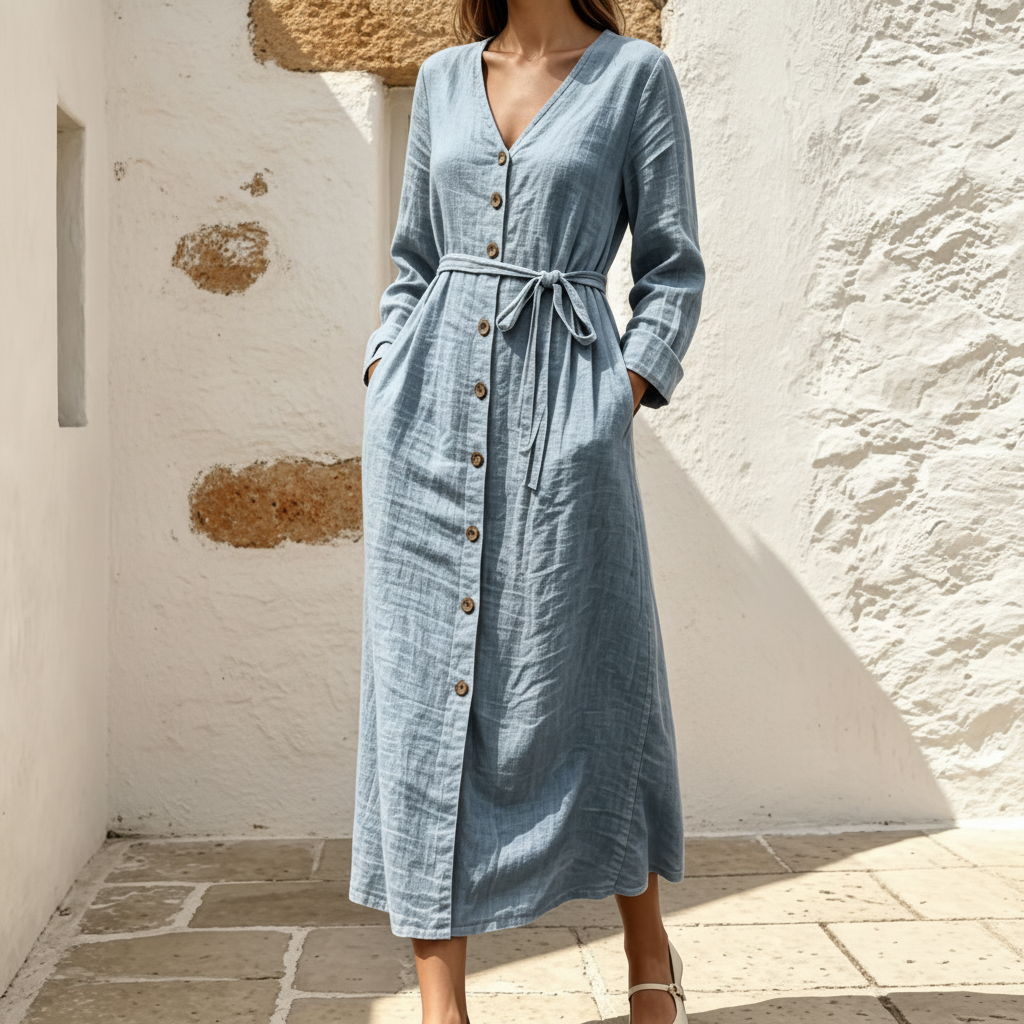 Cotton Linen Midi Dress, Tie Waist