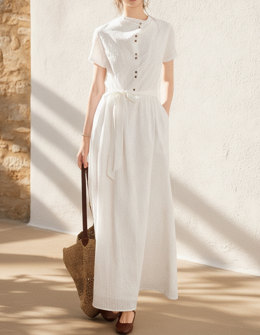 Linen-Look Maxi Dress, Button-Front Bodice