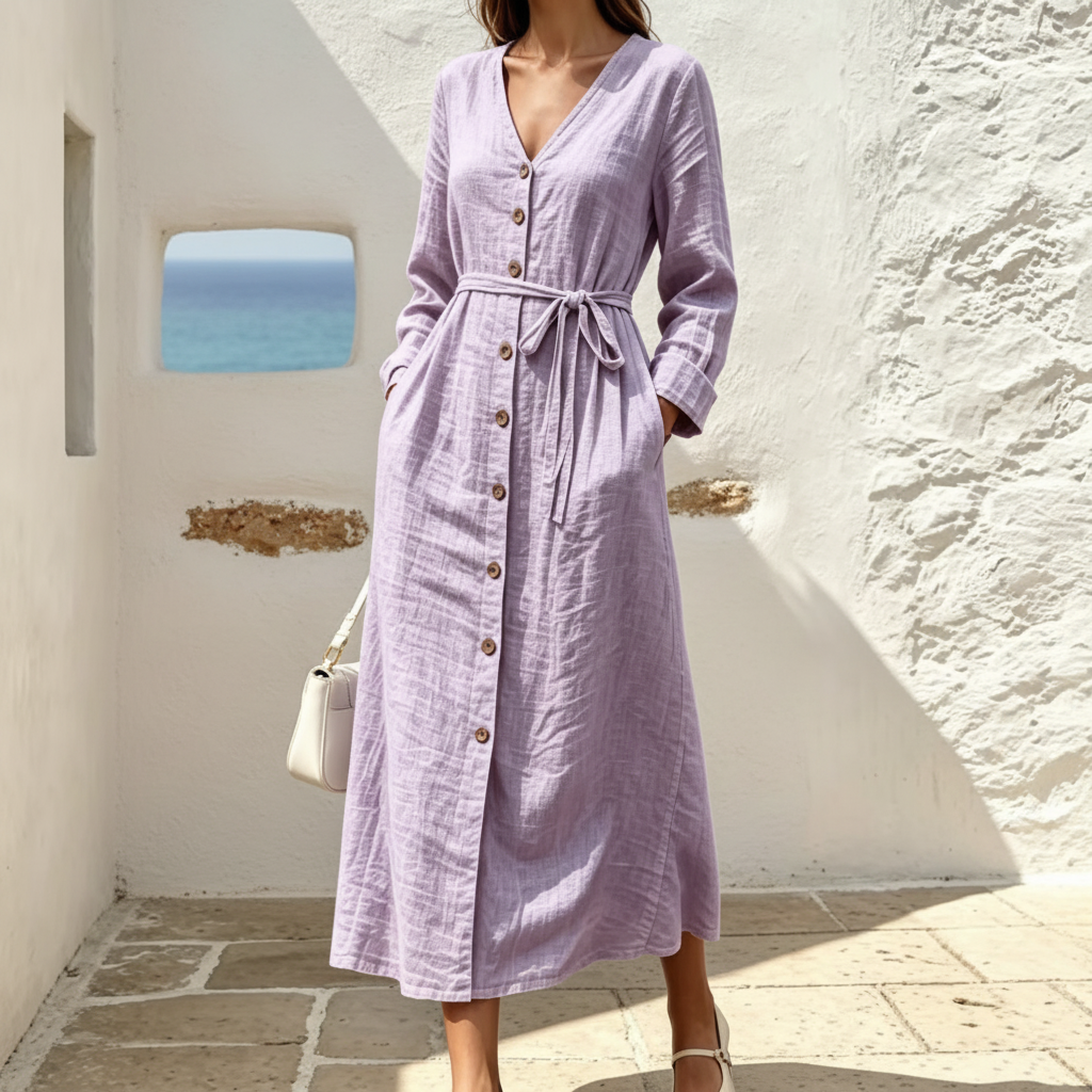 Cotton Linen Midi Dress, Tie Waist