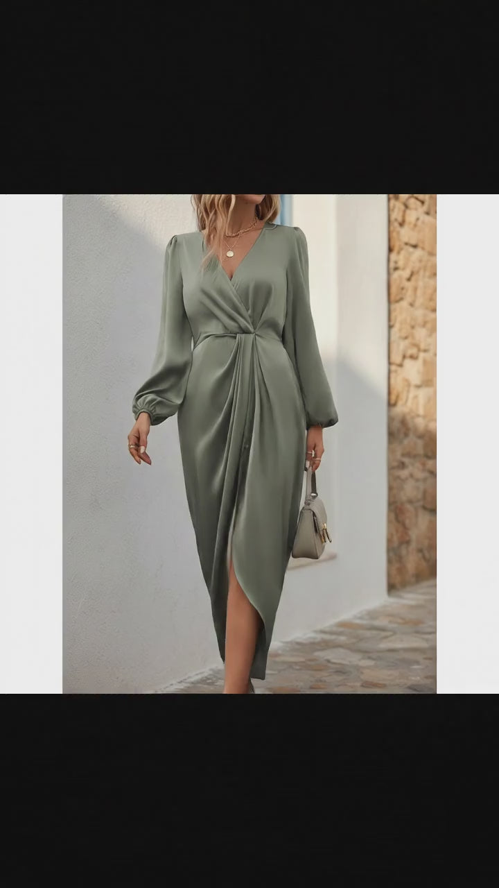 Linen-Look Wrap Midi Dress, Balloon Sleeves