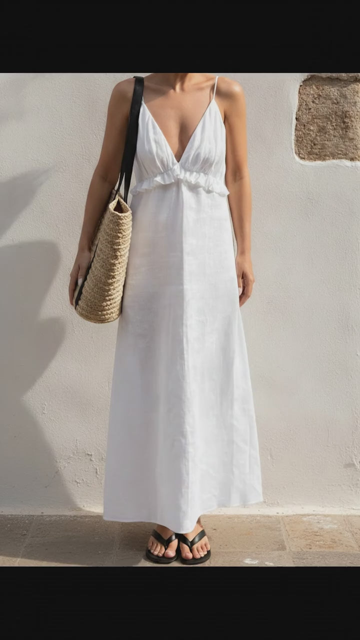 Cotton Linen Wrap Maxi Dress, V-Neck Empire