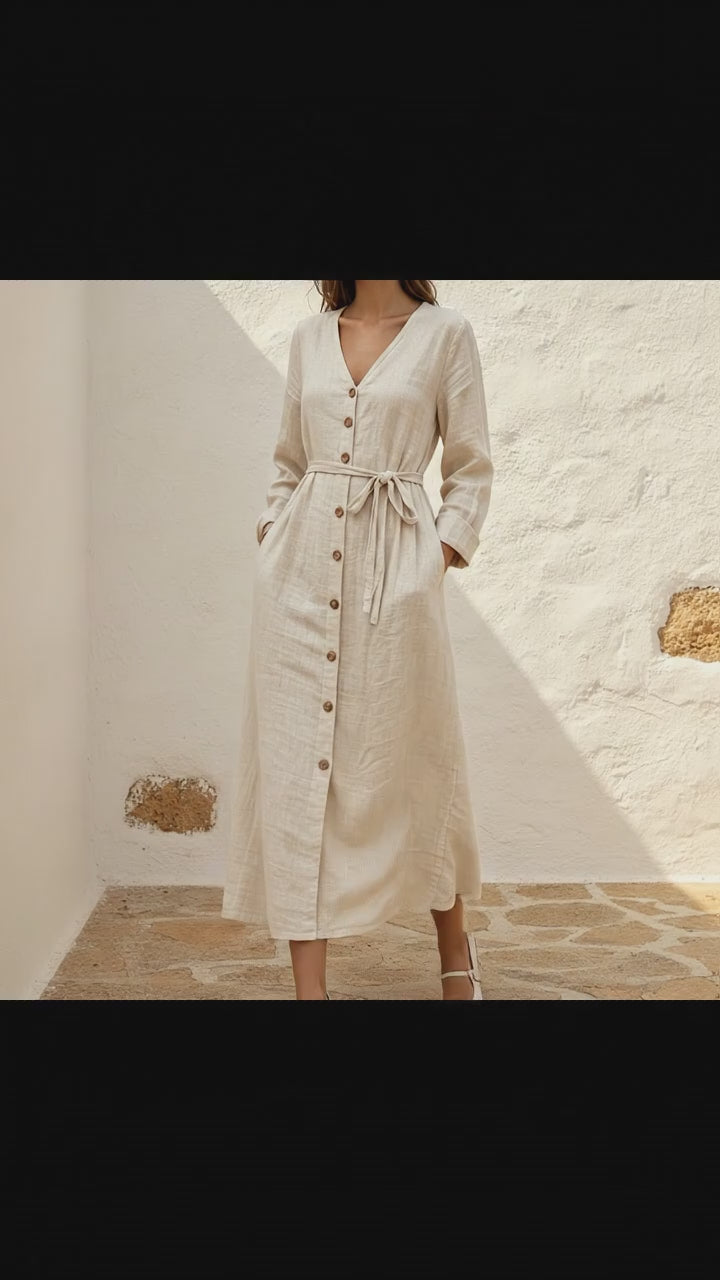 Cotton Linen Midi Dress, Tie Waist
