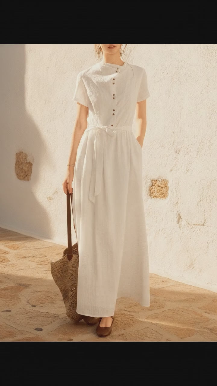 Linen-Look Maxi Dress, Button-Front Bodice